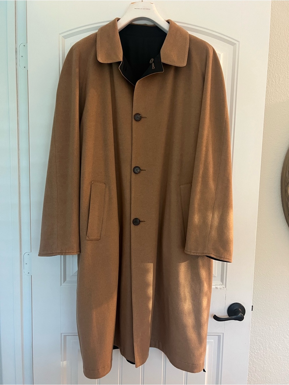 Kiton Napoli 100% Guanaco Wool reversible coat NWOT Size 58 Tan and Navy